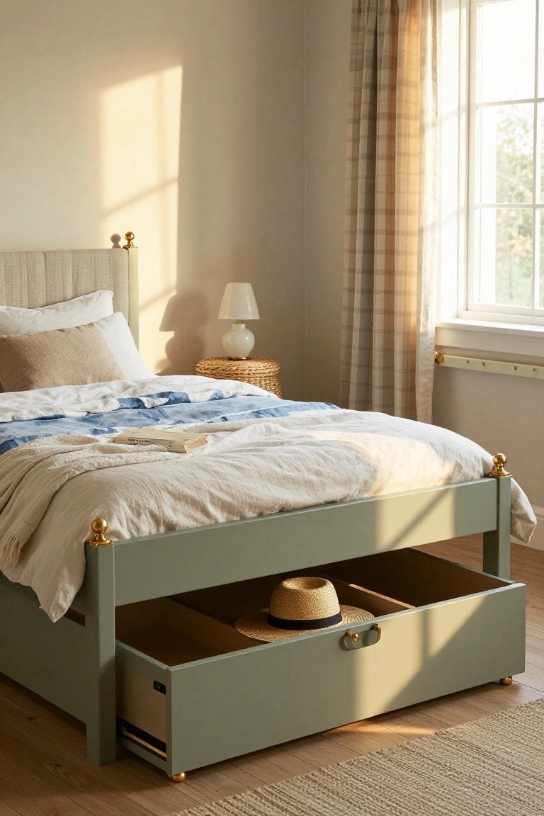 Sage green wooden bed frame with brass knobs and two open underbed drawers containing a straw hat, positioned in a beige bedroom with white bedding, a bedside table, and window with plaid curtains.