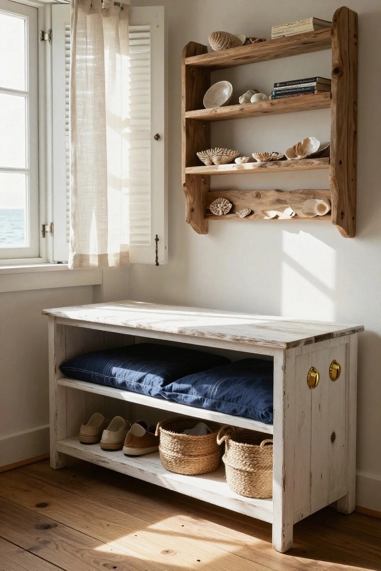 Whitewashed wooden bench with navy cushions on the seat, tan and brown shoes and woven baskets stored on the lower shelf, positioned by a window overlooking the ocean with a driftwood wall shelf holding shells and books.