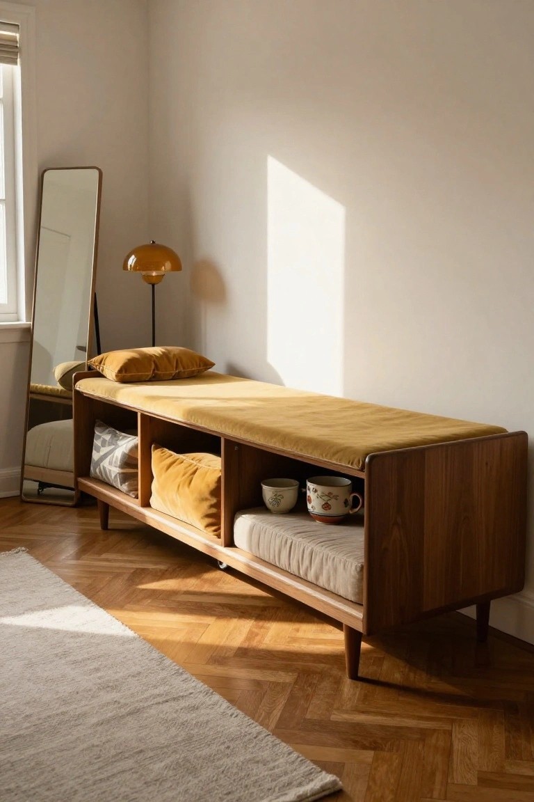 Wooden bench with open storage cubbies and yellow cushions on top, positioned as a daybed in a bright room with parquet flooring, full-length mirror, and orange lamp.