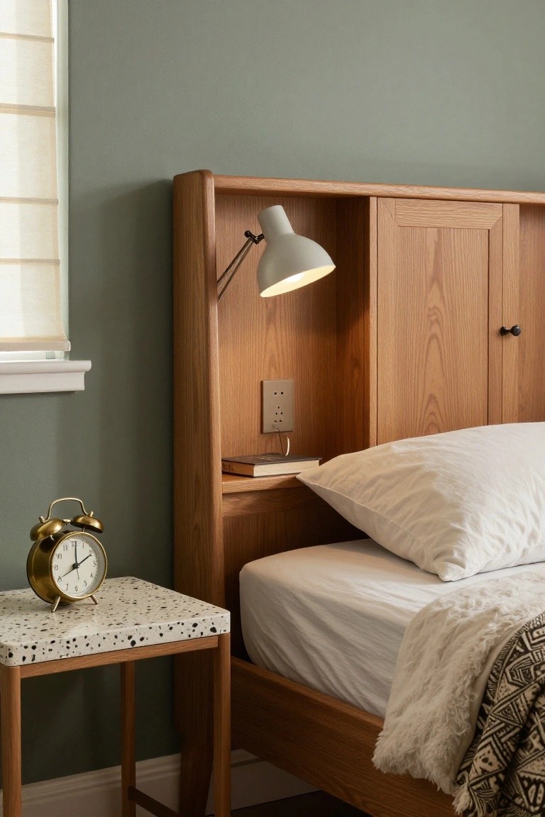 A bedroom with an oak built-in headboard featuring open shelves holding books, a lamp niche with outlet and cord, white bedding, a gold alarm clock on a speckled nightstand, green walls, and blinds.
