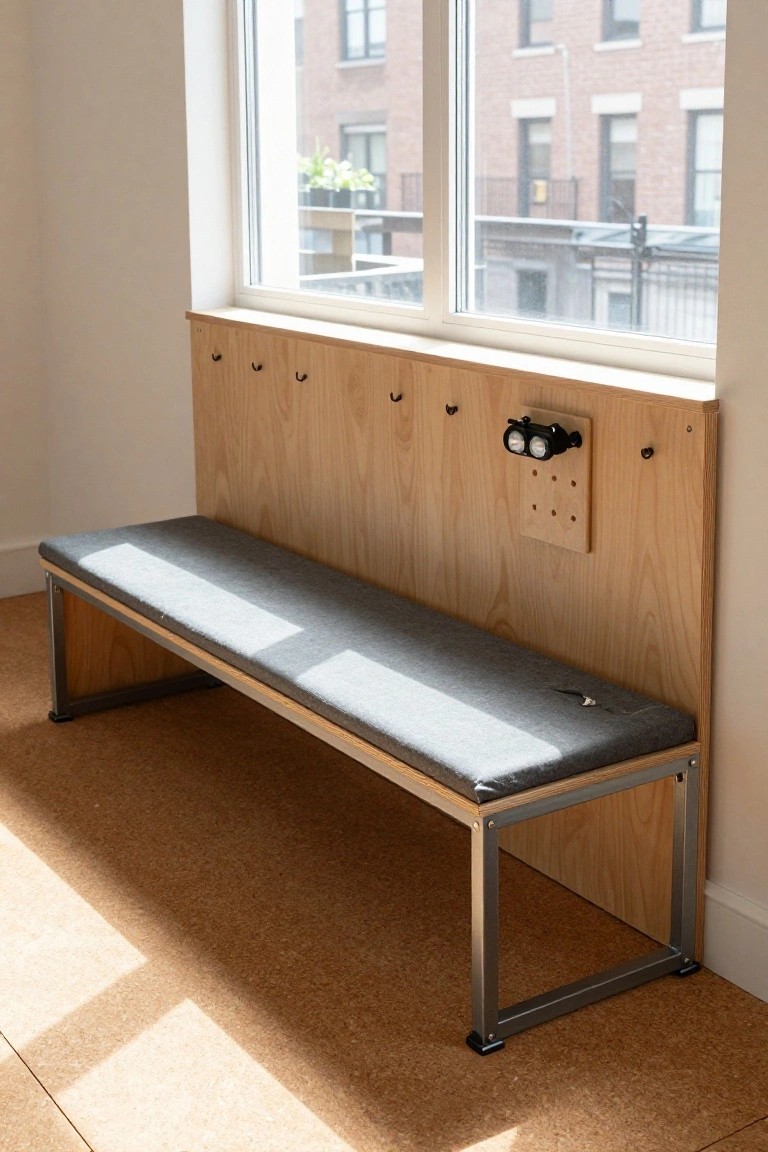 Wooden bench with gray cushioned seat and back panel against a windowsill, featuring metal hooks, a mounted dual light fixture, and pegboard section, positioned in a sunny indoor space with cork flooring.