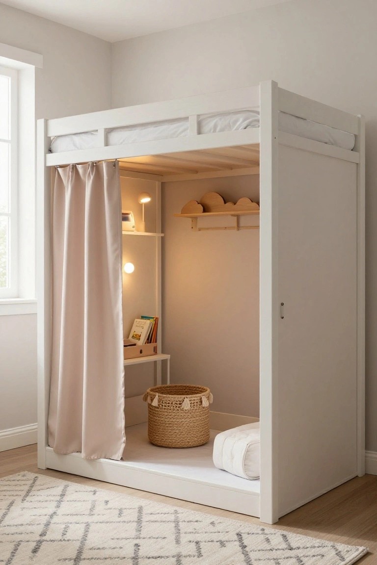 White wooden bunk bed frame in a light-colored bedroom with a beige curtain partially drawn across a lower nook containing shelves, a lamp, books, a basket, and a white cushion on the floor.