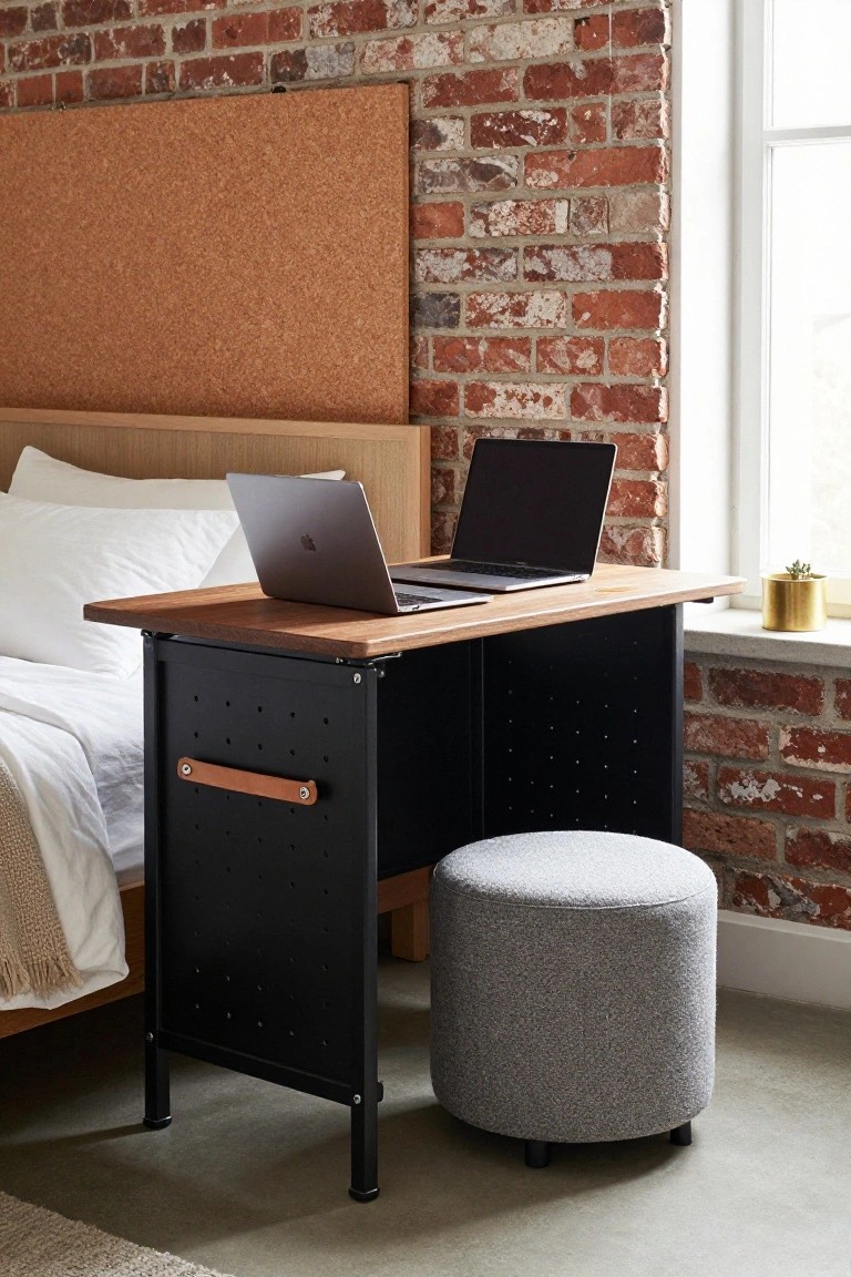 Low wooden bed frame next to black metal desk with pegboard sides and two open laptops on wooden top, gray fabric stool underneath, exposed brick wall and corkboard headboard in bedroom.