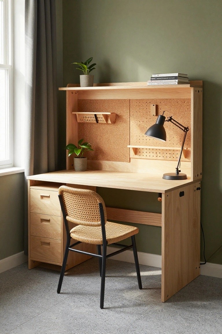 Wooden desk unit with hutch, corkboard back panel, shelves, drawers, adjustable lamp, rattan chair, and potted plants in a green room with window and gray floor.