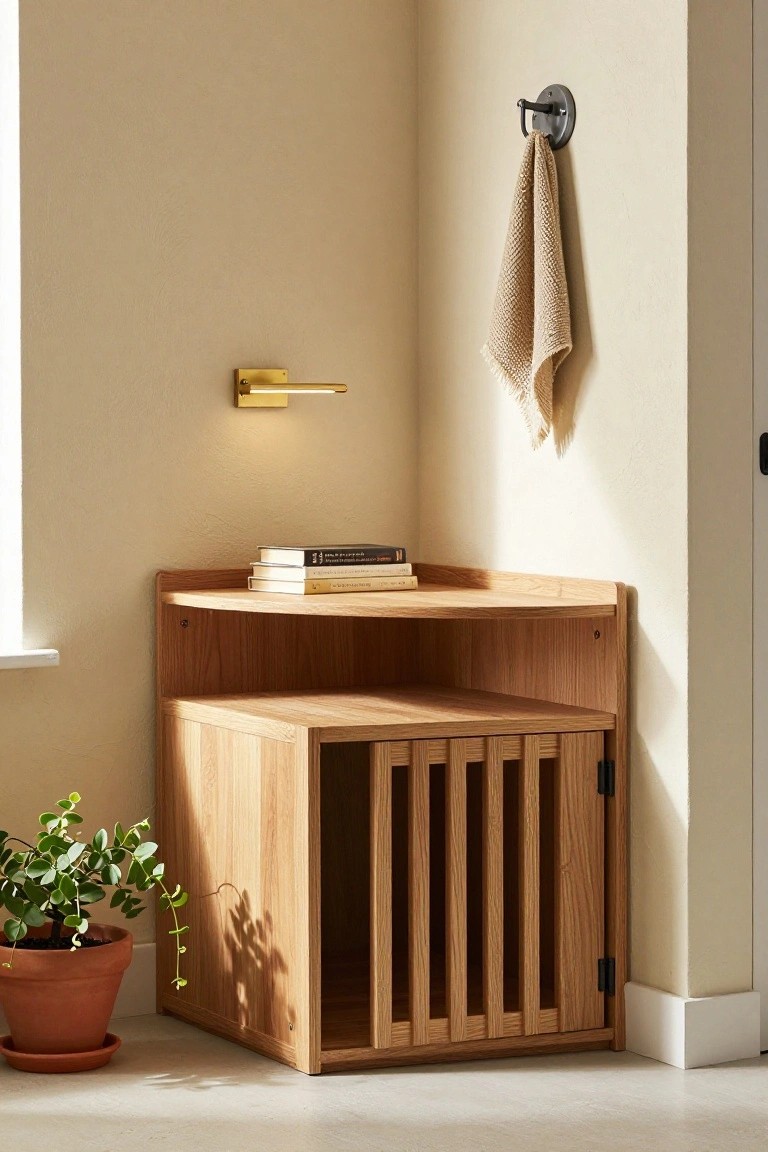 Oak corner cabinet with rounded top shelf holding stacked books and open lower section with slatted wooden door for pet access, in a beige room corner next to a potted plant and wall lamp.