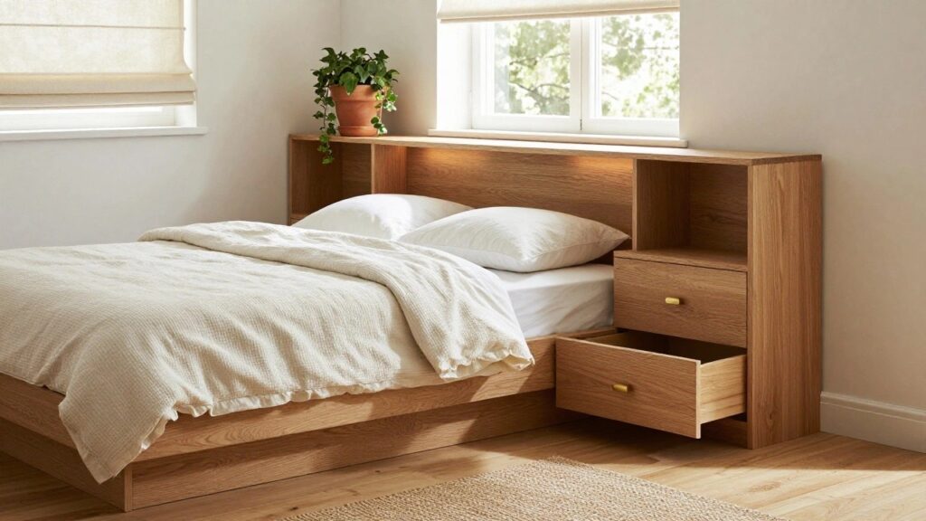 19 Smart Bed Frame Ideas for Small Rooms That Actually Work Light oak bed frame with four underbed drawers and brass knobs, white rumpled bedding, potted ivy plant on headboard shelf, and sheer window blinds in a beige bedroom corner.