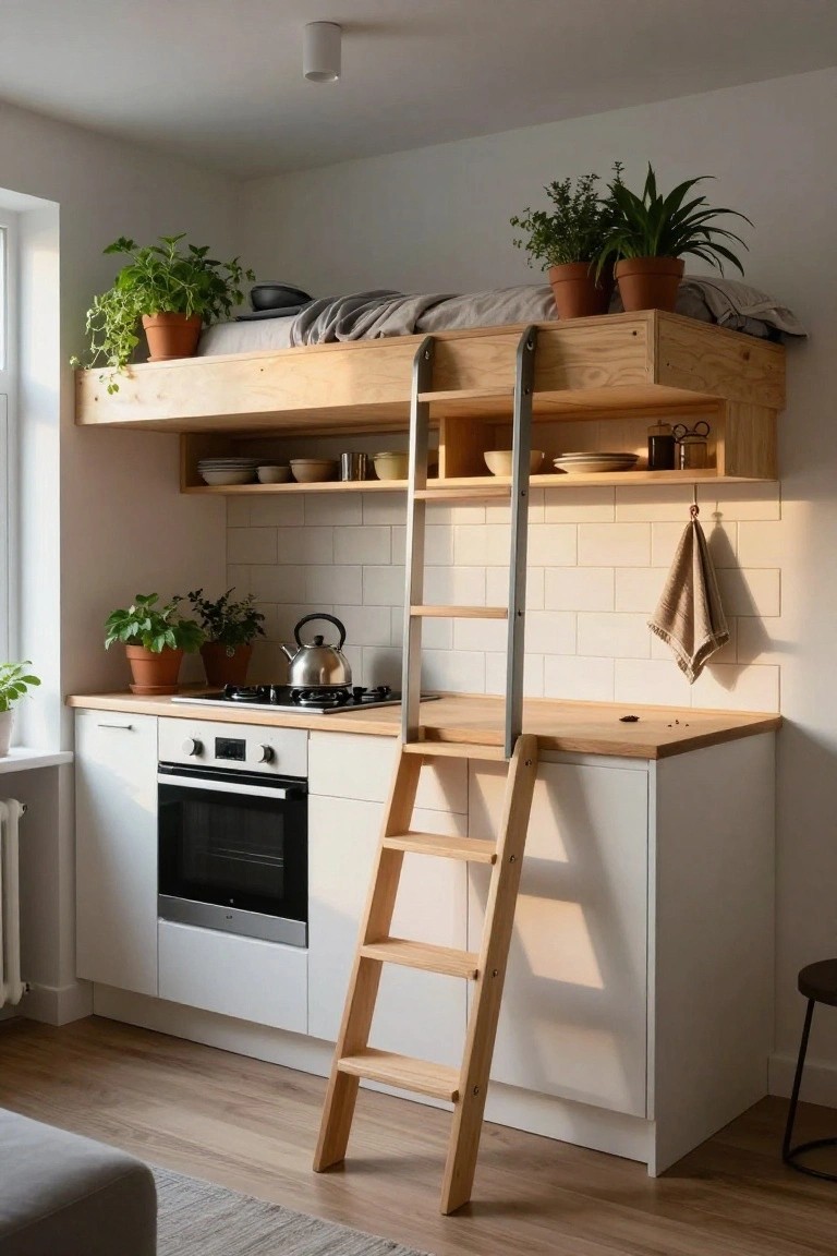 Modern kitchen with white cabinets, wooden loft bed, and ladder.