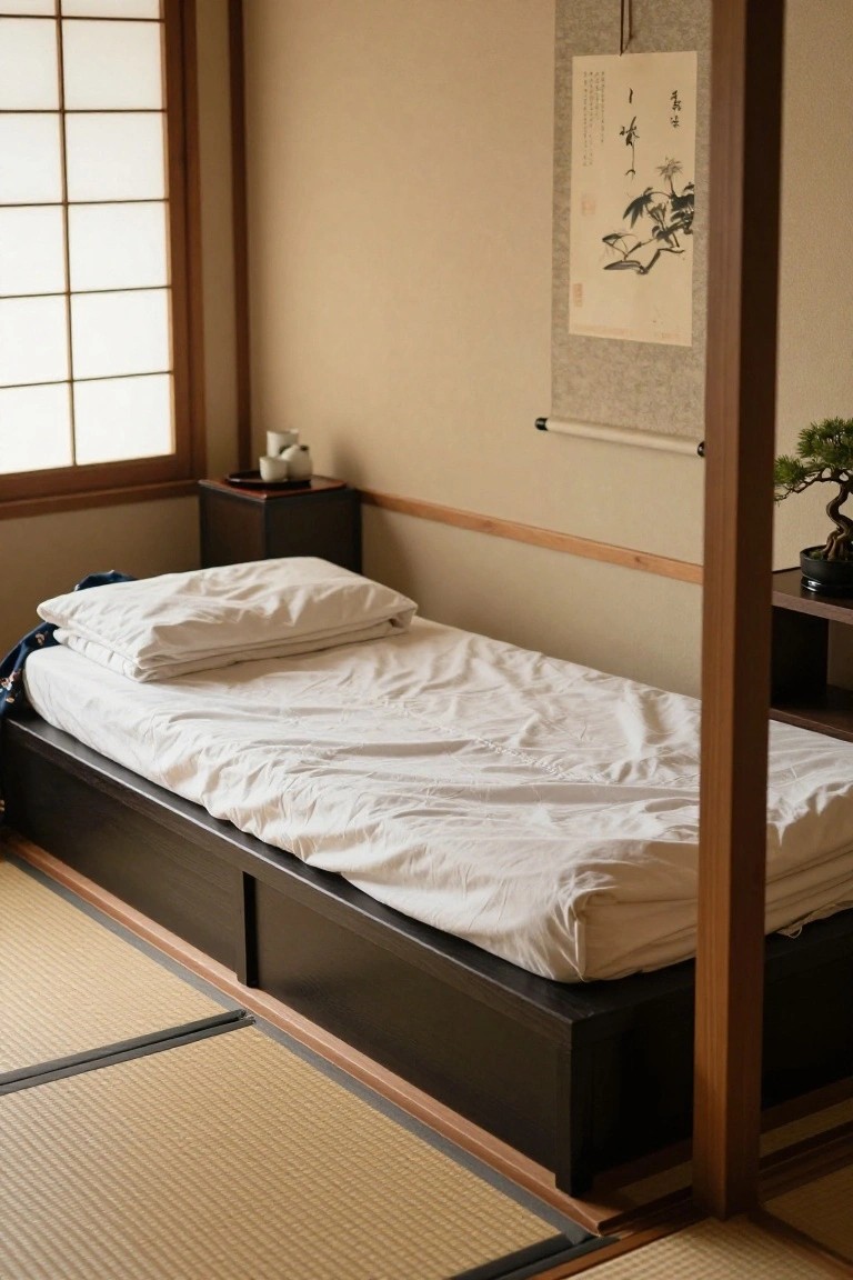 Compact bedroom with low dark wood platform bed, white rumpled sheets and pillows, tatami floor mats, shoji screen window, bonsai plant on shelf, and Japanese ink scroll on wall.