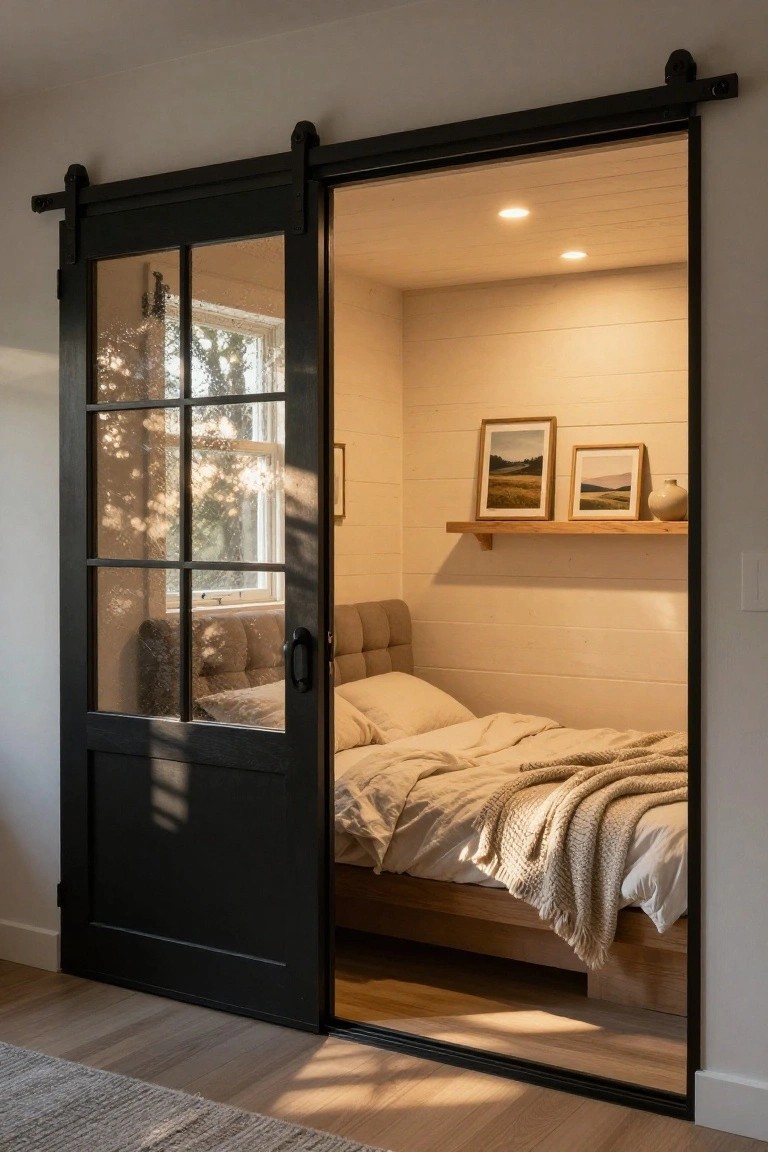 Open black sliding barn door with glass panels revealing a small bedroom nook with white shiplap walls, low platform bed with tufted beige headboard, white bedding and knit throw, wall shelves holding framed landscape art and a vase, and recessed ceiling lights.
