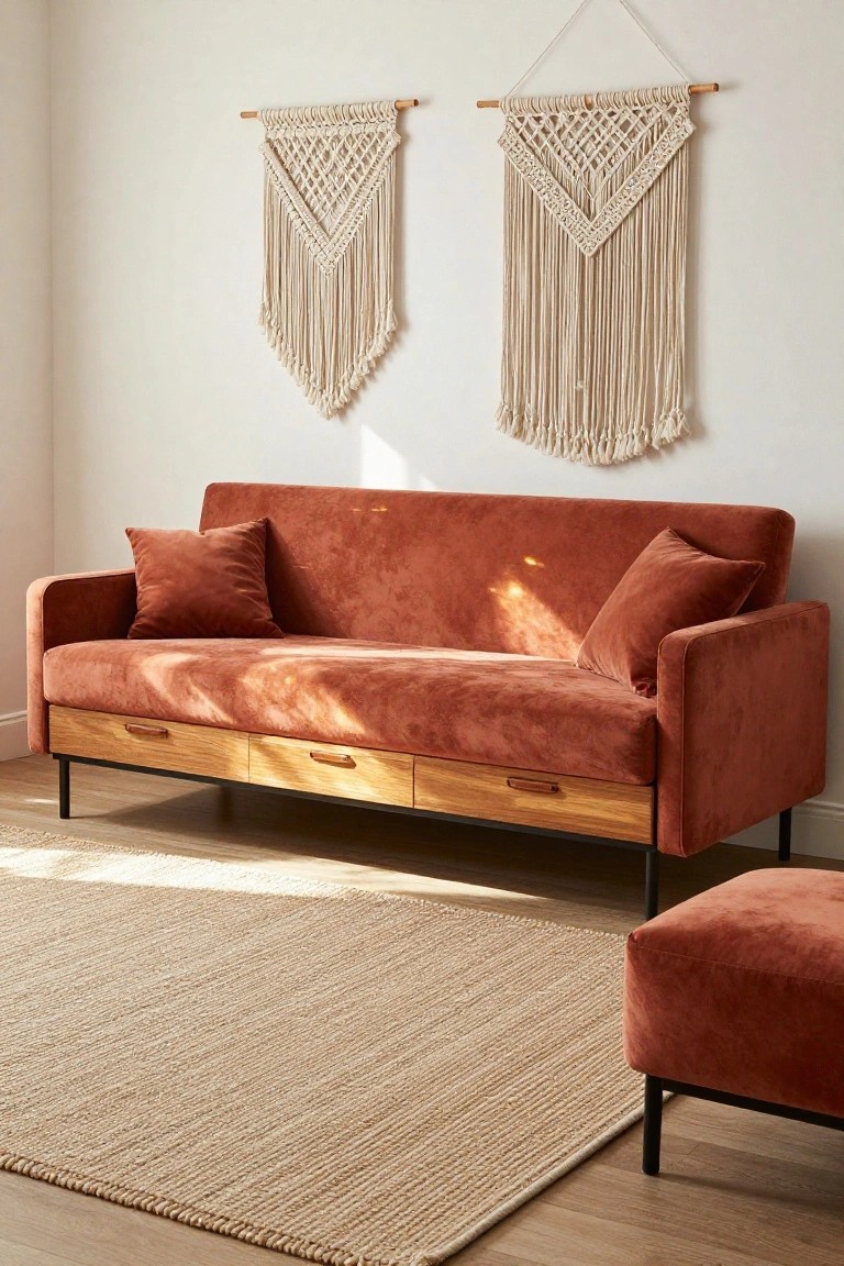 Terracotta velvet sofa bed with wooden storage drawers under the seat, black metal legs, matching pillows and ottoman, macrame wall hangings, seagrass rug, and light wooden floor in a bright white room.