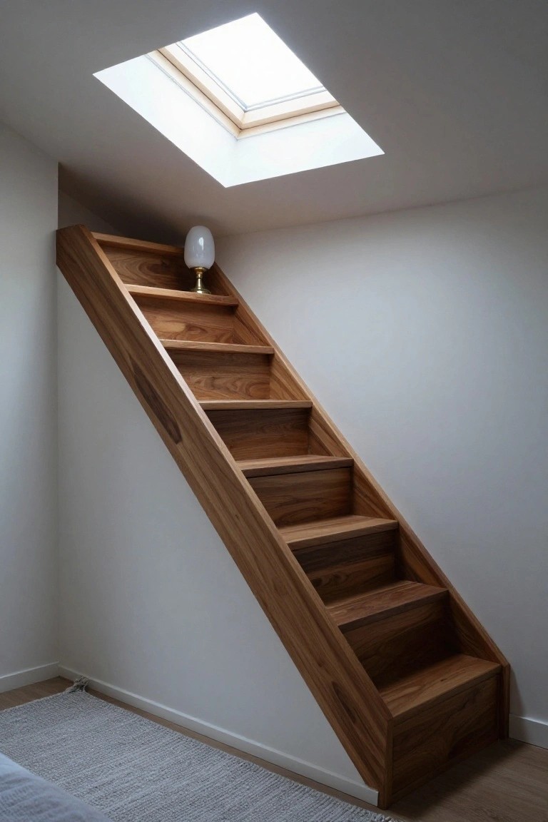 Steep wooden staircase with built-in open shelves along one side against a white wall, under a skylight, with a white lamp on a shelf and a seagrass rug at the base on a wood floor.