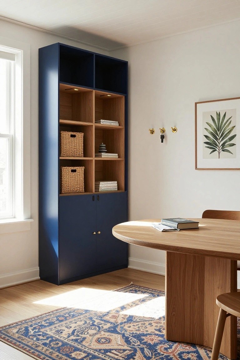 Tall navy blue cabinet with open oak shelves holding books, stacked stacking stones, and wicker baskets stands beside a round oak table with two stools on a patterned rug in a light-filled room.