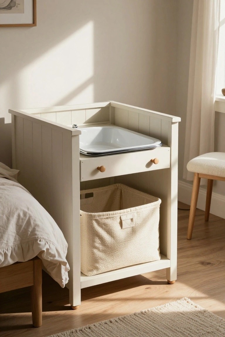 White wooden washstand with basin, drawer, and fabric basket positioned next to a bed in a beige bedroom corner with sheer curtains and a small stool nearby.