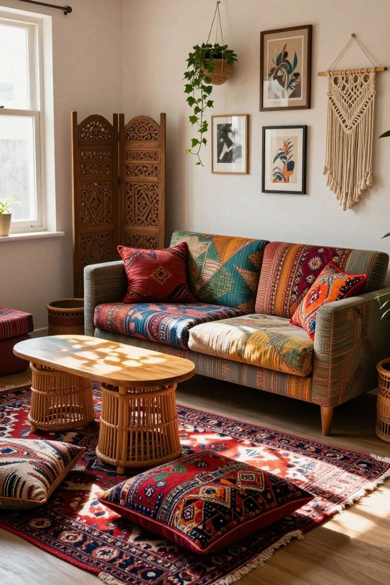 Sunlit living room with a colorful patchwork-upholstered sofa piled with patterned cushions, wooden folding screen, hanging plants, framed art, low wooden coffee table on rattan legs, red Persian-style rug, and large floor pillows.