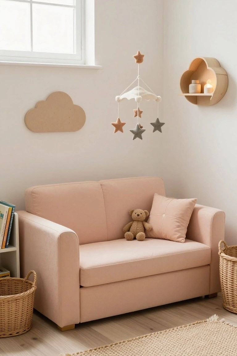 Blush pink fabric sofa in corner of white nursery with teddy bear and pink pillow on seat, books on nearby shelf, wicker baskets on floor, star mobile hanging from ceiling, wooden cloud shelf on wall.