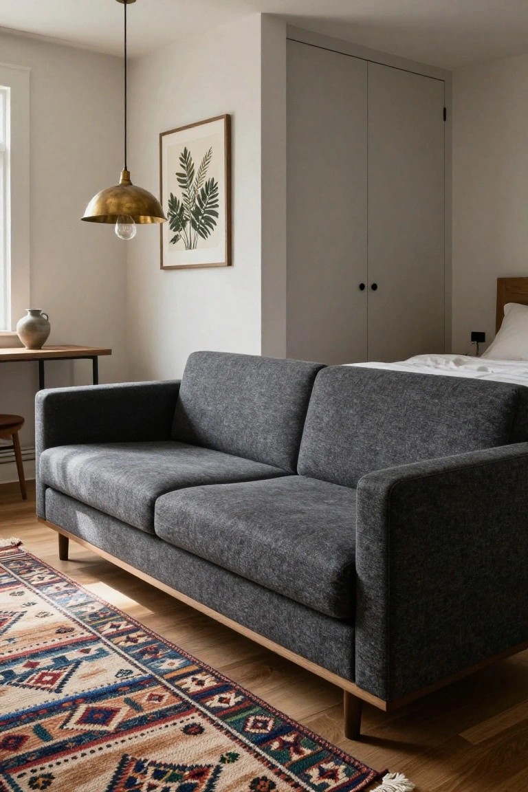 Gray fabric modular sofa with wooden legs on a patterned rug in a small room with bed, wooden desk, brass pendant light, and fern print on wall.