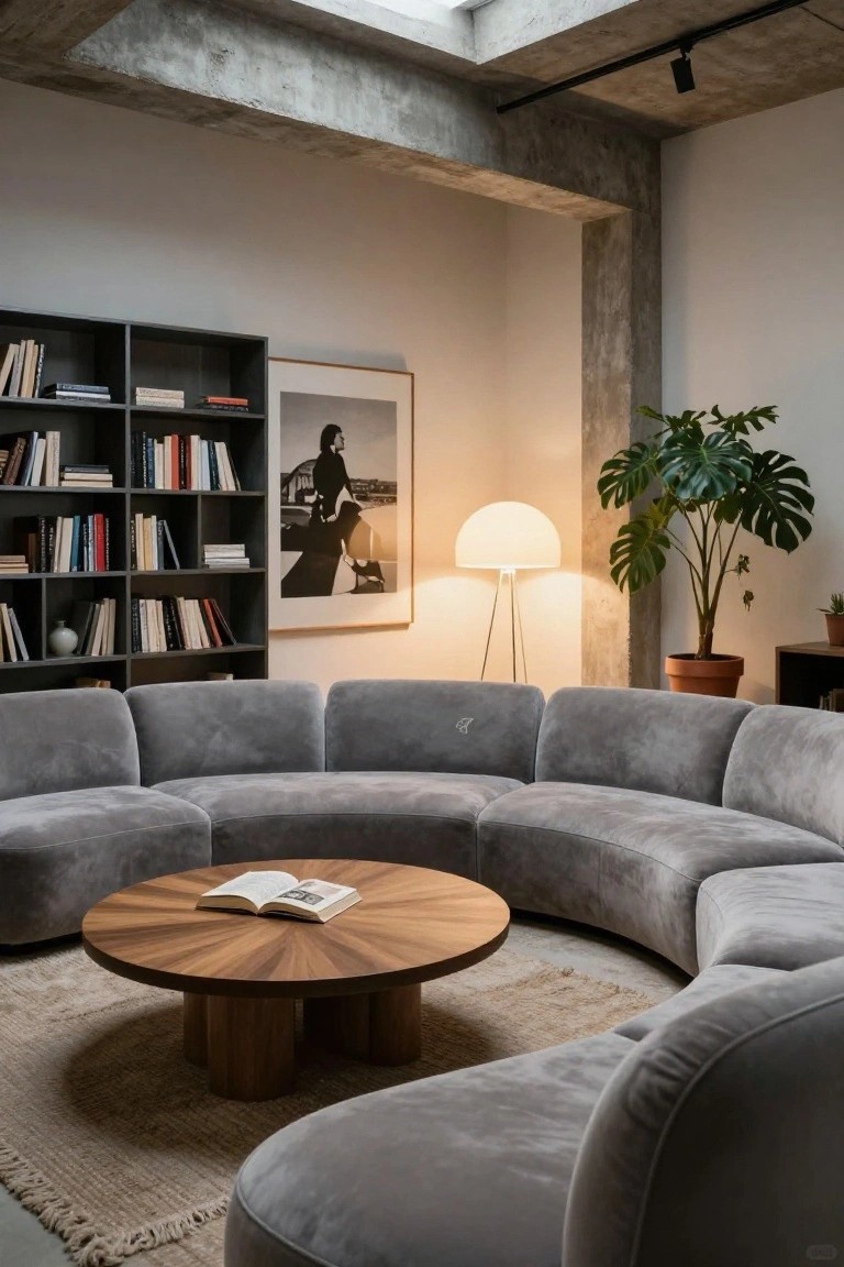 Modern living room featuring a large curved gray velvet sectional sofa arranged around a round wooden coffee table, with black bookshelves, a monstera plant in a terracotta pot, and a white globe lamp against white walls and exposed concrete ceiling.