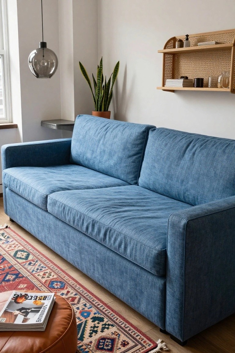 A low blue denim-like fabric sofa in a bright white-walled living room with a snake plant in a terracotta pot, rattan wall shelf holding books and glassware, colorful patterned rug on wood floors, and tan leather ottoman with magazines.