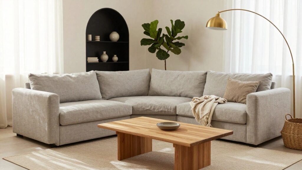 Light gray L-shaped modular sofa with chaise lounge in a corner living room featuring wooden coffee table, woven basket, bookshelves, potted fiddle leaf fig plant, arched floor lamp, and sheer curtains over a large window.