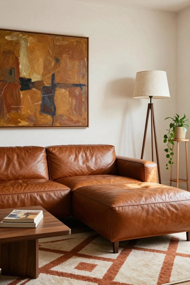 Corner of a living room with tan leather L-shaped modular sofa and chaise, wooden coffee table with stacked magazines, tripod floor lamp beside potted trailing plant, woven beige rug, and large abstract orange painting on white wall.