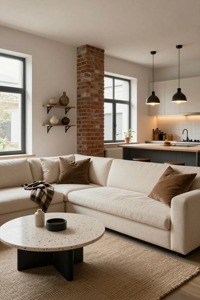 Modern living room with cream L-shaped sofa, round terrazzo coffee table on jute rug, exposed brick wall with shelves holding pottery vases, large windows, and open kitchen with white cabinets and black pendant lights.