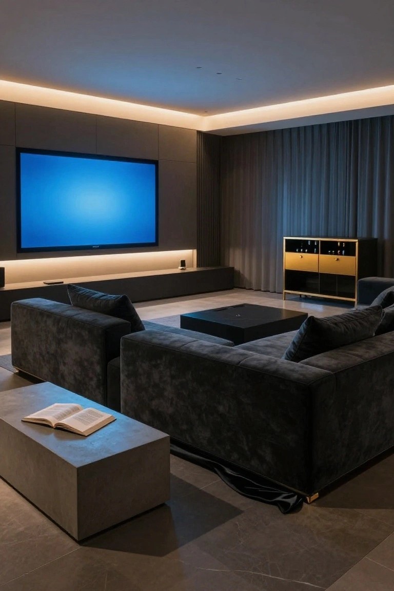 Modern living room featuring two dark gray L-shaped upholstered sofas around a low rectangular coffee table with an open book, large wall-mounted TV with blue screen, built-in media shelf, gold bar cabinet with bottles, and ambient LED strip lighting on gray walls and floor.