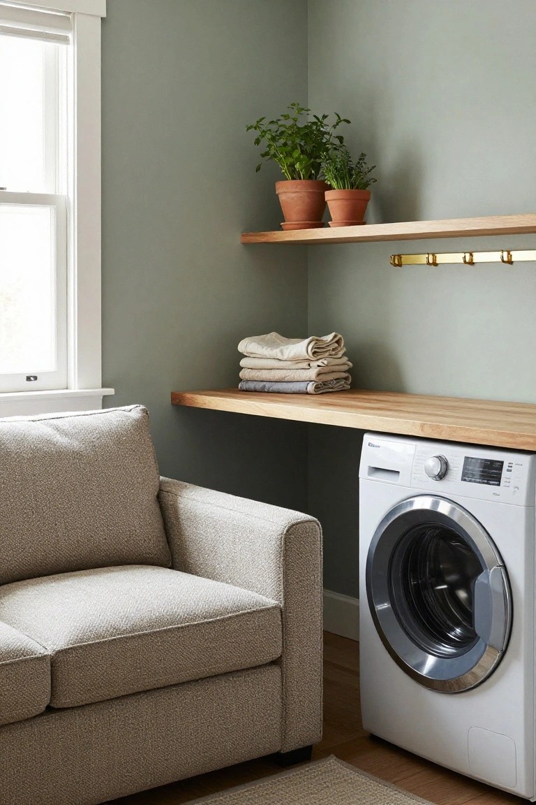 Corner of a sage green laundry room featuring wooden shelves with potted herbs and folded linens, a wooden counter over a white front-loading washer, and a low beige textured sofa positioned beside the washer on a wood floor with a small rug.
