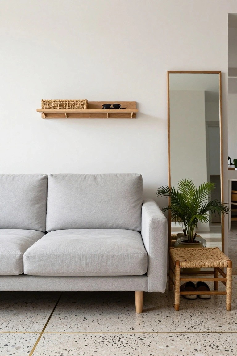 Light gray two-seater sofa with wooden legs against a white wall next to a tall wooden-framed mirror, potted palm plant in a ceramic pot, rattan stool with shoes underneath, wooden wall shelf with woven basket and sunglasses, on a terrazzo tile floor with gold lines.