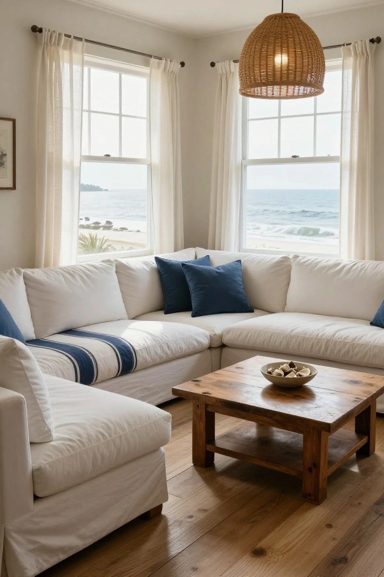 White L-shaped modular sofa with blue pillows and navy striped throw in a bright corner living room, large windows with sheer curtains showing ocean view, wooden coffee table with bowl, rattan pendant light, and hardwood floors.