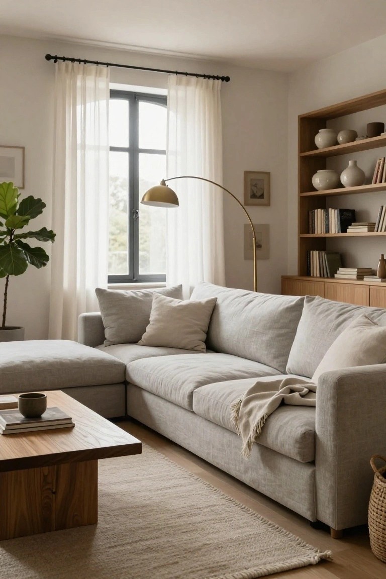 Light gray L-shaped modular sofa with chaise lounge in a corner living room featuring wooden coffee table, woven basket, bookshelves, potted fiddle leaf fig plant, arched floor lamp, and sheer curtains over a large window.