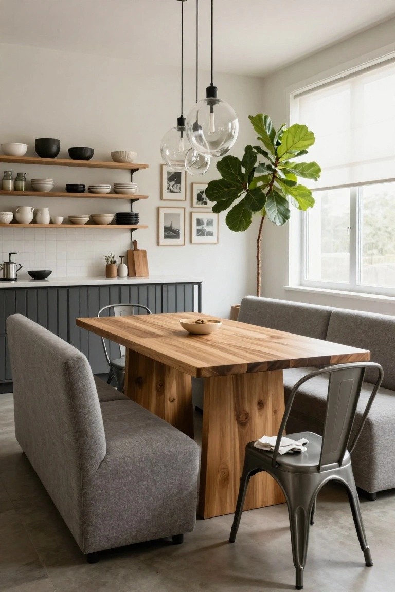 Kitchen dining area featuring a rectangular wooden table with gray upholstered modular sofa booth on one side, metal chairs on the other, open wooden shelves with ceramics, white subway tile backsplash, and a large green fiddle leaf fig plant near a window with blinds.