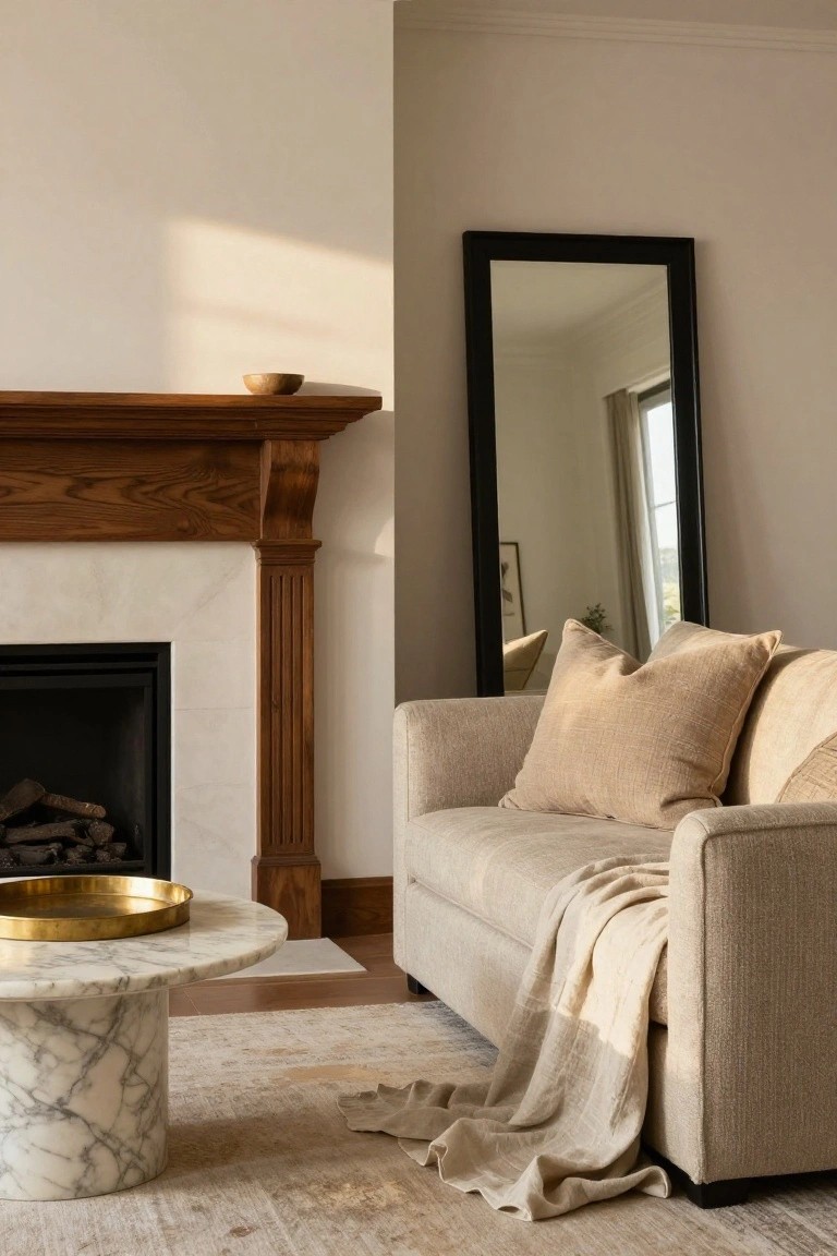 Beige fabric sofa with pillows and draped throw blanket positioned next to a wooden fireplace mantel with lit logs, a round white marble coffee table in front, tall black-framed mirror on wall, and neutral rug in light beige room.