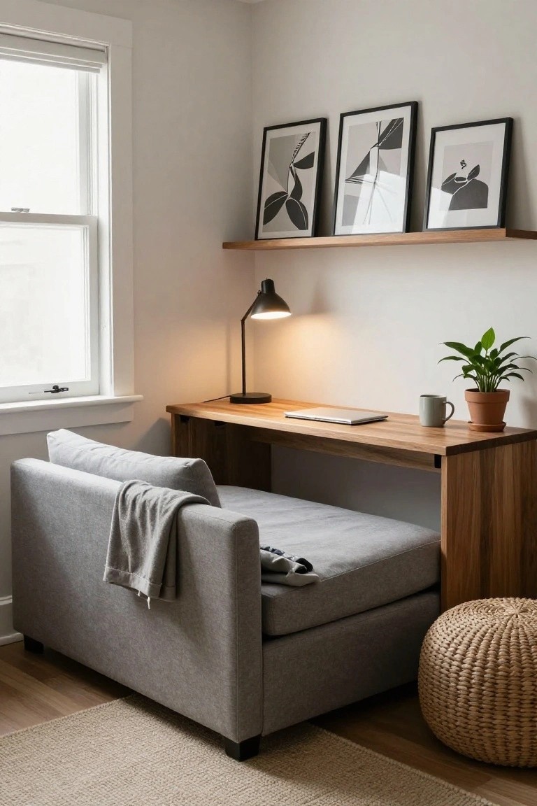 Corner room with wooden desk holding laptop and mug next to gray upholstered chaise lounge, desk lamp lit, potted plant, abstract black and white artworks on wall shelf above, window with blinds, woven pouf on floor.
