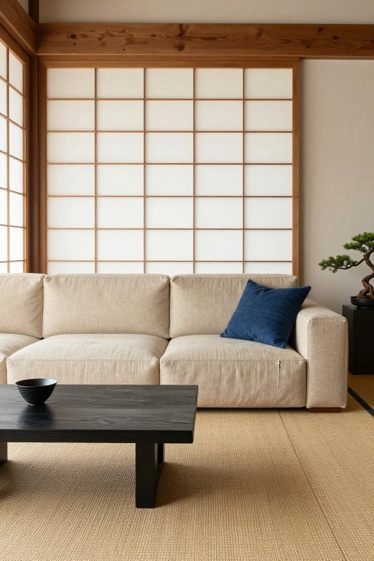 Beige L-shaped modular sofa with navy pillow on tatami mat floor in Japanese-style living room with shoji screens, wooden beams, bonsai tree in black pot, and low black coffee table holding a black bowl.