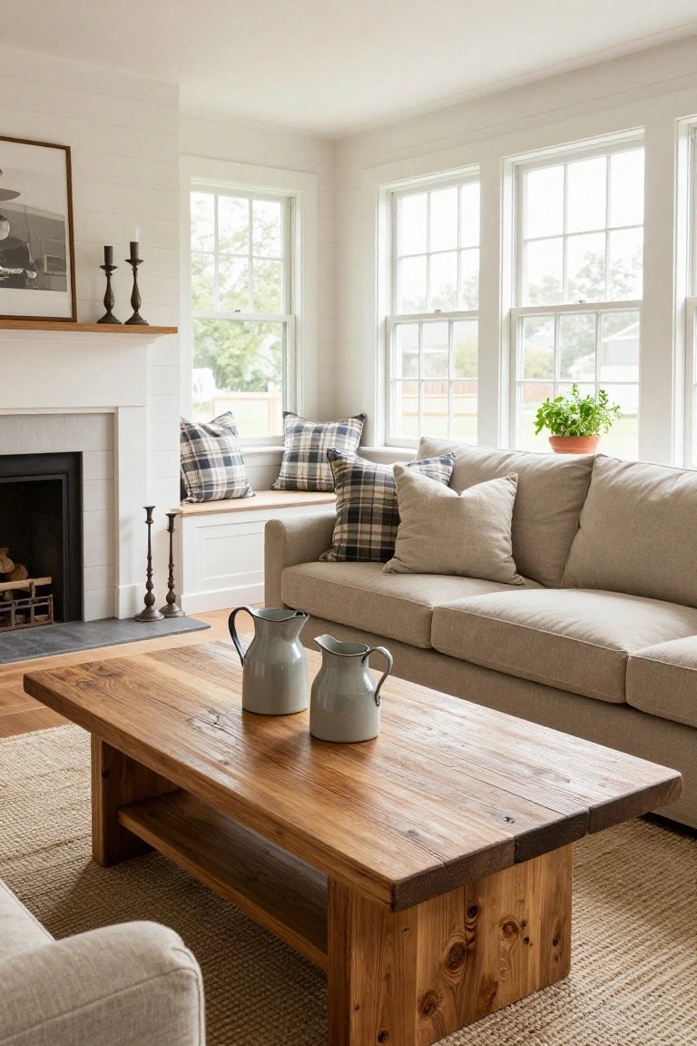 A beige modular sofa sits in a bright living room with a wooden coffee table, plaid pillows on a window bench, white fireplace, and large windows overlooking trees.