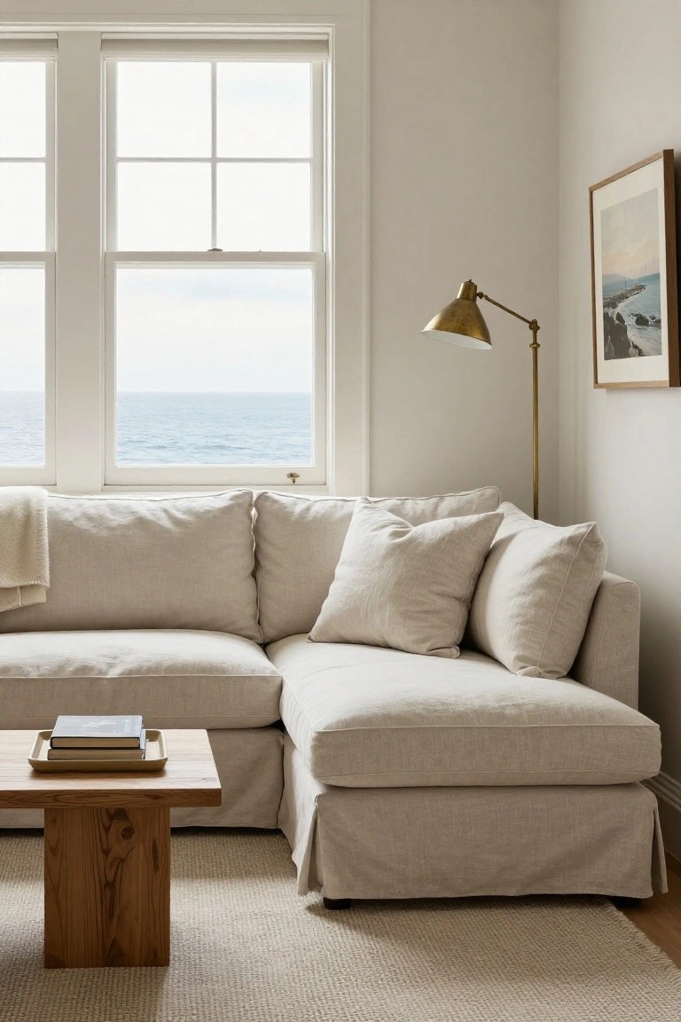 Cream slipcovered L-shaped modular sofa in a bright living room corner with large ocean-view windows, wooden coffee table holding books on a tray, brass floor lamp, framed artwork, and beige rug on hardwood floor.