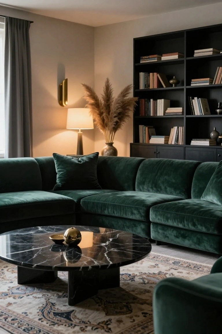 Living room corner with large L-shaped emerald green velvet sofa, round black marble coffee table, black bookshelves with books, tall pampas grass vase, table lamp, and wall sconce.