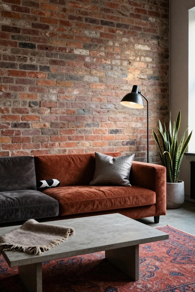 Modern living room with rust sofa, brick wall, and concrete coffee table.