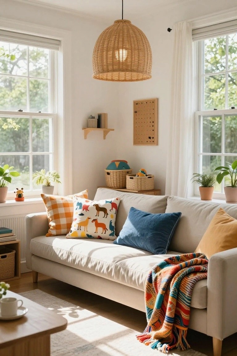 Cream sofa in a bright corner room with layered pillows in orange gingham, multicolored animal prints, blue velvet, and orange fabric, plus a draped knit throw, plants on windowsills, woven baskets, and rattan pendant light.