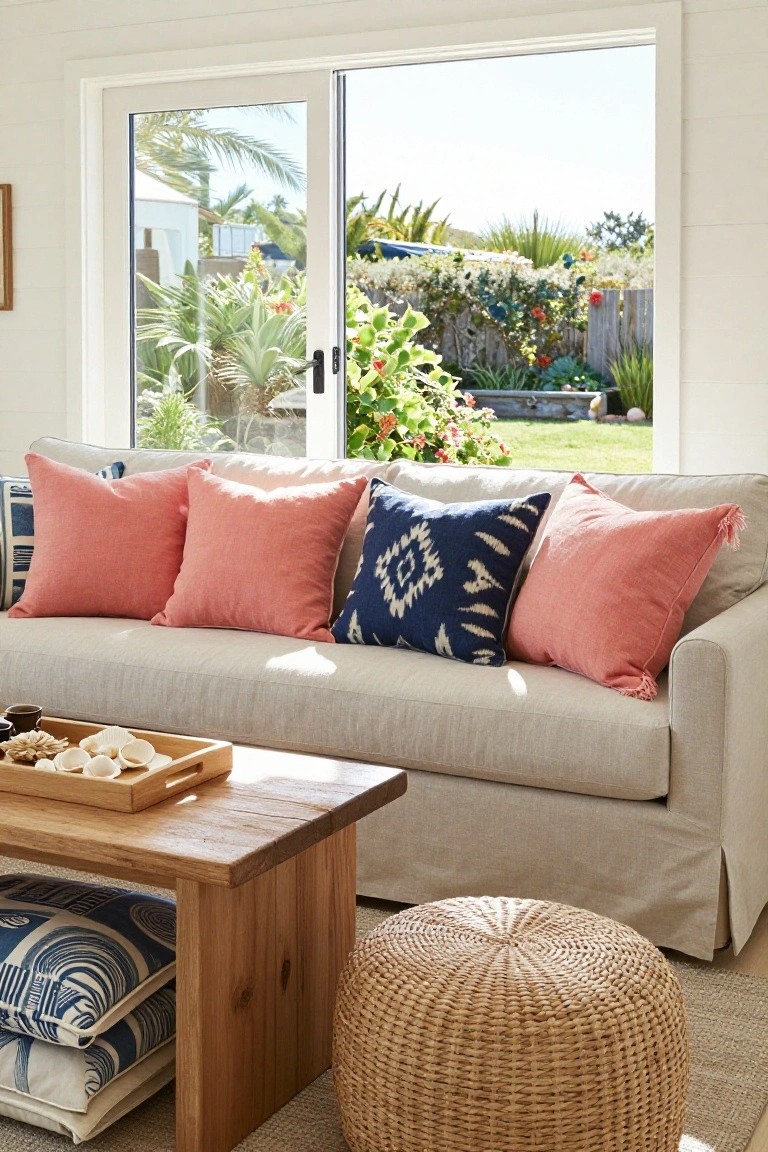 Beige linen sofa with multiple pink pillows and one central navy patterned pillow, wooden coffee table with shells, woven ottoman, and sliding glass doors opening to a lush garden.