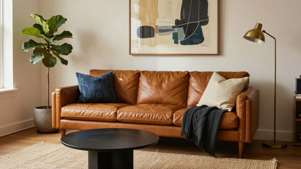 Tan leather sofa in a bright living room with layered pillows including a navy patterned one, cream pillows, and mustard pillows, plus a gray knit throw draped over the arm, next to a black metal coffee table holding a dish of oranges.