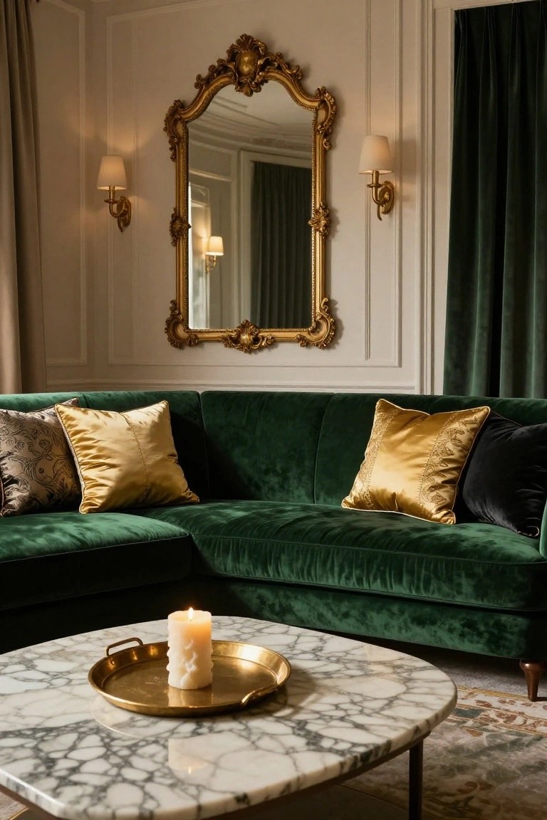 Green velvet L-shaped sofa with gold satin pillows, patterned pillows, and black velvet pillows arranged on it, beside a round marble coffee table holding a white candle in a gold tray, in a room with ornate gold mirror and wall sconces.