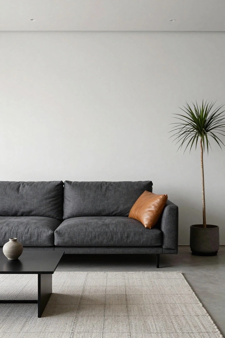 Dark gray L-shaped sofa with one orange leather pillow on the armrest, black square coffee table holding a ceramic vase, tall potted palm plant, and light rug on concrete floor in white-walled room.