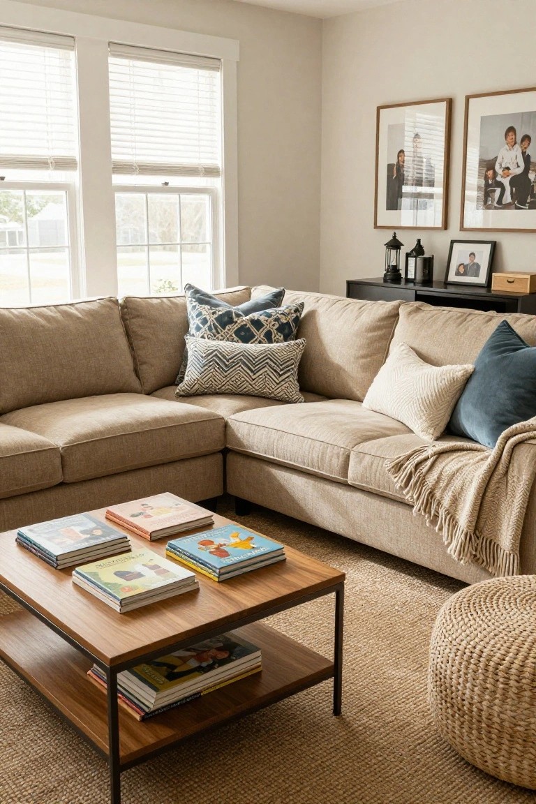 Cozy beige sectional sofa with pillows, wooden coffee table, and books.