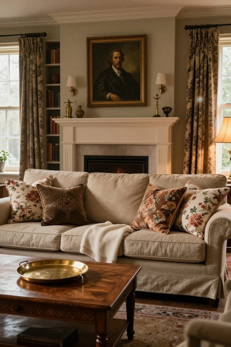 Beige slipcovered sofa in a living room with multiple layered pillows in floral patterns and textures, wooden coffee table with brass tray, fireplace, bookshelves, and large portrait painting on the wall.
