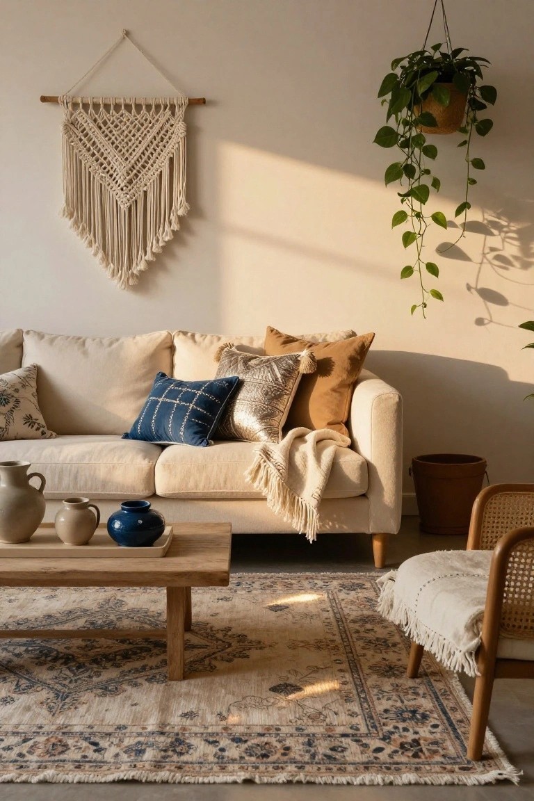 A light beige sofa with layered pillows in blue velvet, gold metallic, terracotta, and cream fabrics, in a sunlit living room featuring a macrame wall hanging, hanging plant, wooden coffee table, terracotta pots, rattan chair, and patterned rug.