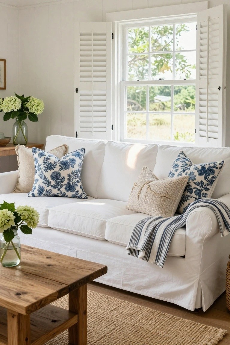 White slipcovered sofa in a bright living room with blue floral pillows, cream textured pillows, a striped throw, wooden coffee table holding hydrangeas, and open shutters on a window overlooking greenery.