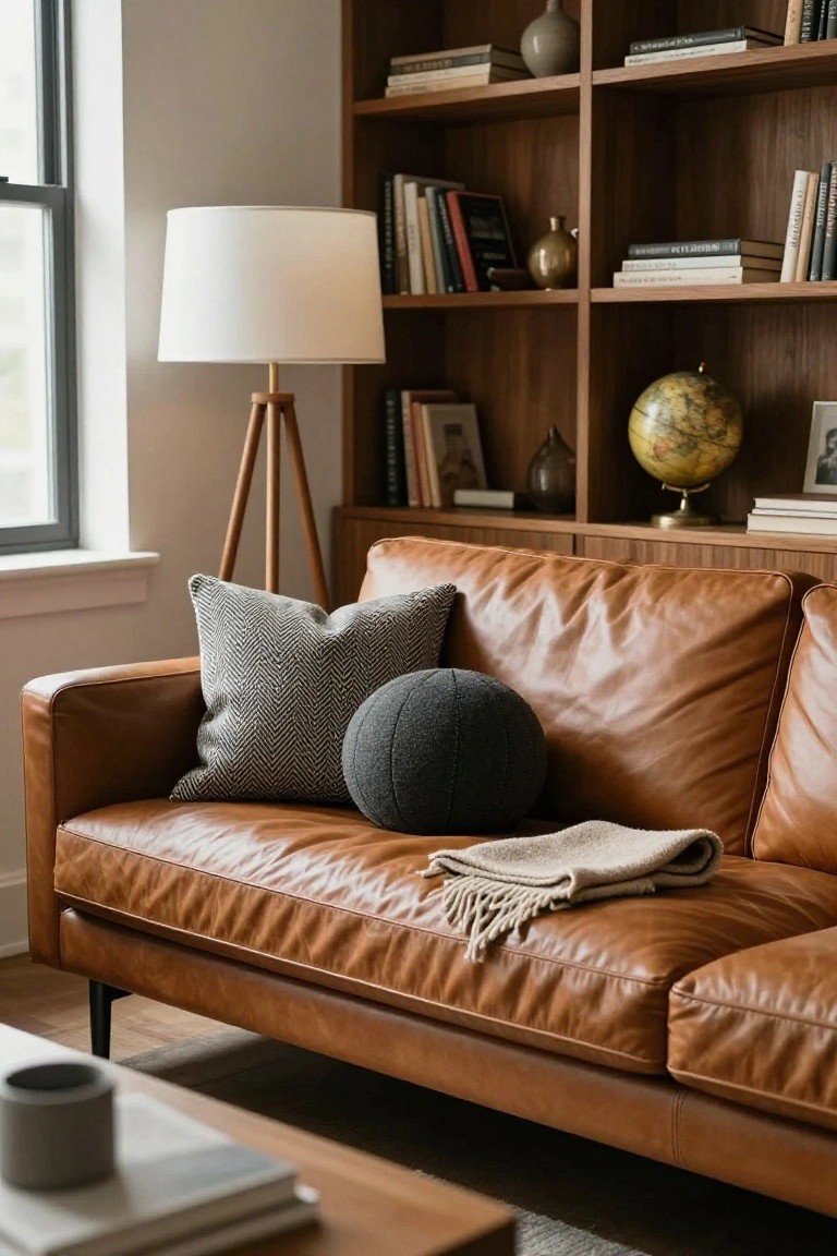 Tan leather sofa in a wood-paneled living room with bookshelves, books, globe, brass vase, tripod floor lamp, gray herringbone pillow, round gray pillow, cream fringed throw, and wooden coffee table nearby.