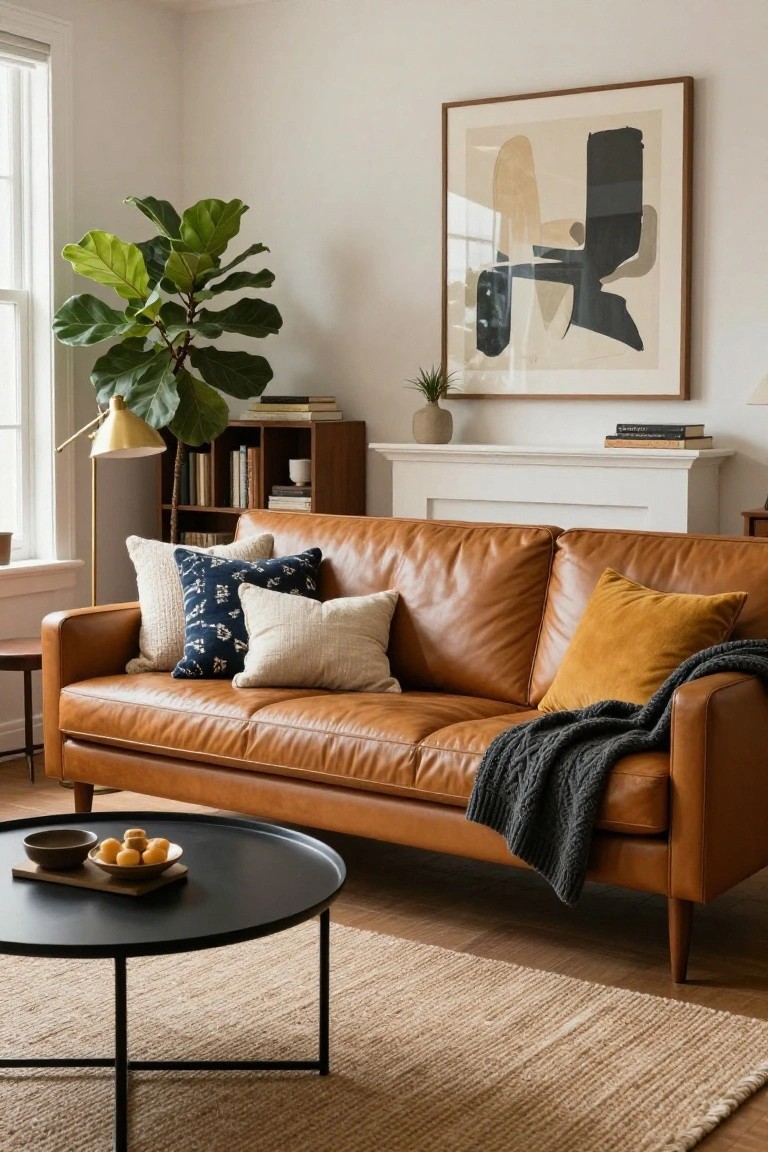 Tan leather sofa in a bright living room with layered pillows including a navy patterned one, cream pillows, and mustard pillows, plus a gray knit throw draped over the arm, next to a black metal coffee table holding a dish of oranges.