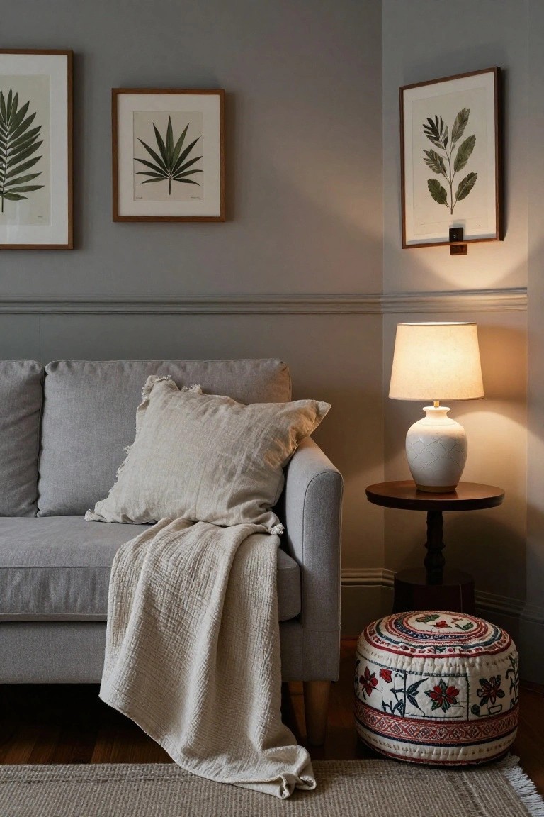 Gray fabric sofa in room corner with two back cushions, large fringed off-white pillow in front, draped light throw, next to round wooden side table holding white ceramic lamp and embroidered fabric pouf stool on wood floor.